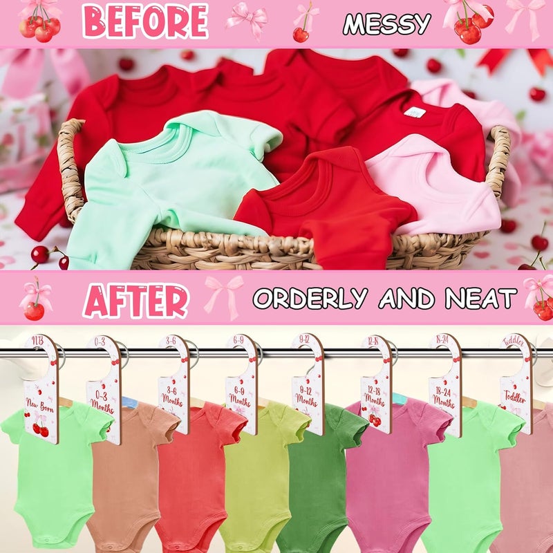 CORNER LACE Baby Closet Dividers 8PCS, Cherry & Bow Themed Wooden Double-Sided Clothes Size Hanger Organizer from Newborn to Toddler for Nursery Decor Baby Shower Birthday Gift Pink - Image 2